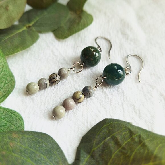 Dark Green Agate Jasper Silver Dangle Earrings Boho Chic Hippie Gifts Summer - Picture 2 of 7